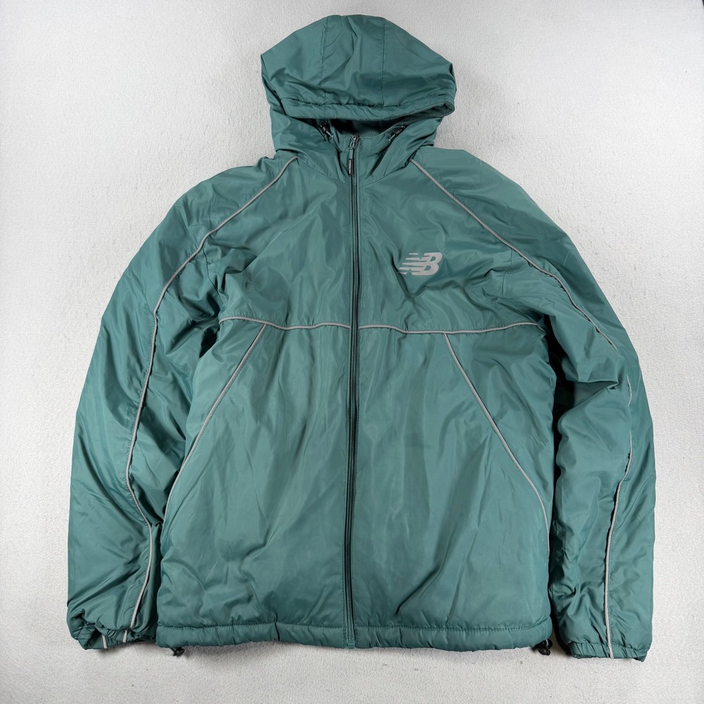 New Balance Mens Teal Hooded Fleece Lined Windbreaker Jacket Reflective Size M